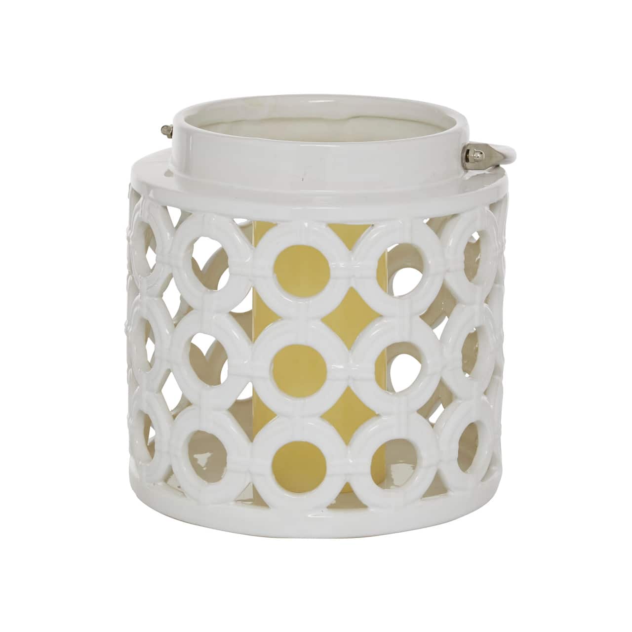 White Ceramic Contemporary Candle Holder Lantern, 8" x 8" x 9"